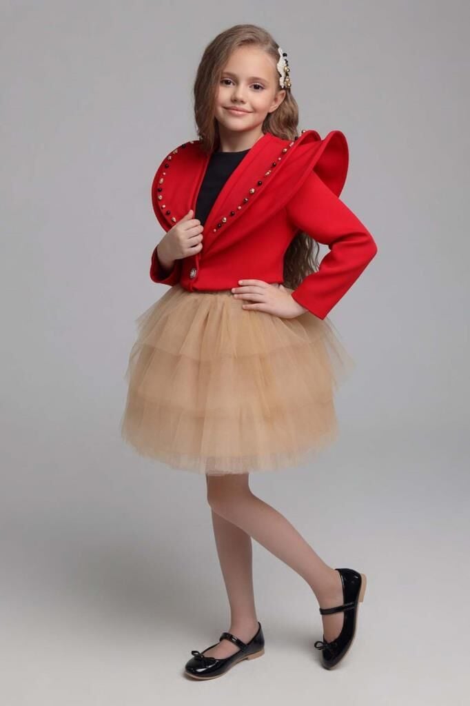 Kız Çocuk V Yaka ve Taş Detaylı Ceket Kırmızı Etekli Takım