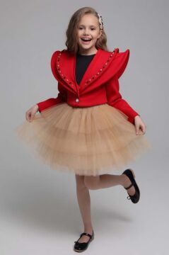 Kız Çocuk V Yaka ve Taş Detaylı Ceket Kırmızı Etekli Takım