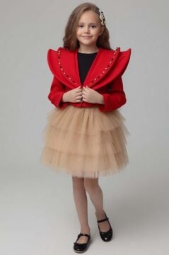 Kız Çocuk V Yaka ve Taş Detaylı Ceket Kırmızı Etekli Takım