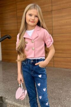 Kız Çocuk Gümüş Düğme Detaylı Pudra Blazer Ceket Kalp Detaylı Jean Pantolon Alt Üst Takım