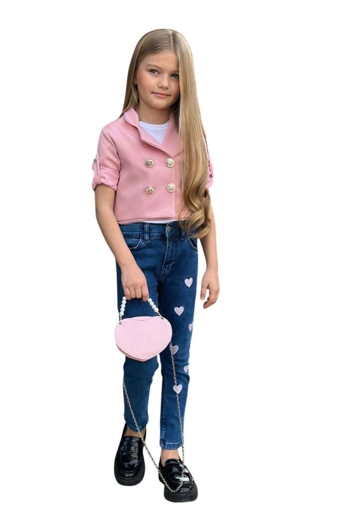 Kız Çocuk Gümüş Düğme Detaylı Pudra Blazer Ceket Kalp Detaylı Jean Pantolon Alt Üst Takım