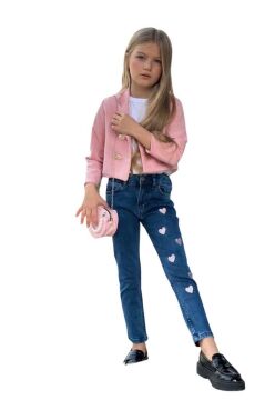 Kız Çocuk Gümüş Düğme Detaylı Pudra Blazer Ceket Kalp Detaylı Jean Pantolon Alt Üst Takım