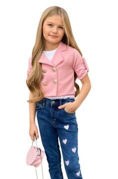 Kız Çocuk Gümüş Düğme Detaylı Pudra Blazer Ceket Kalp Detaylı Jean Pantolon Alt Üst Takım
