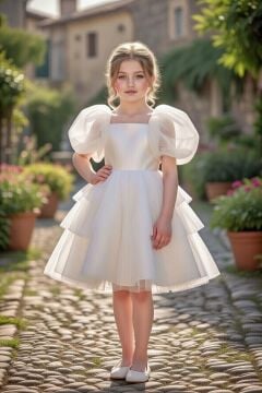 Kız Çocuk Kare Yaka Üzeri Kat Kat Pliseli Balon Kollu Kabarık Beyaz Abiye