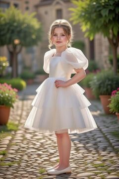 Kız Çocuk Kare Yaka Üzeri Kat Kat Pliseli Balon Kollu Kabarık Beyaz Abiye