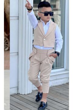 Erkek Çocuk Gümüş Düğme Detaylı Yelek Gabardin Beyaz Gömlek Krem Alt Üst Takım