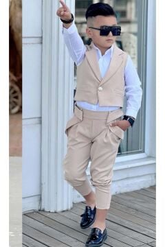 Erkek Çocuk Gümüş Düğme Detaylı Yelek Gabardin Beyaz Gömlek Krem Alt Üst Takım
