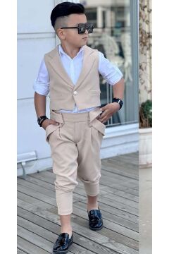 Erkek Çocuk Gümüş Düğme Detaylı Yelek Gabardin Beyaz Gömlek Krem Alt Üst Takım