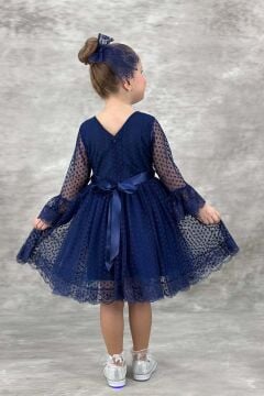 Kız Çocuk Üzeri Puantiye Detaylı Kolları Şeffaf Tüllü Prenses Lacivert Elbise