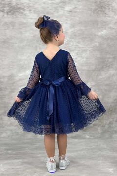 Kız Çocuk Üzeri Puantiye Detaylı Kolları Şeffaf Tüllü Prenses Lacivert Elbise