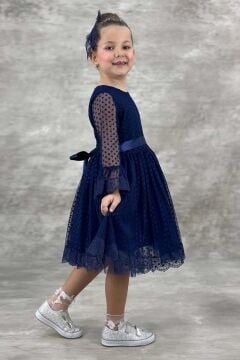 Kız Çocuk Üzeri Puantiye Detaylı Kolları Şeffaf Tüllü Prenses Lacivert Elbise