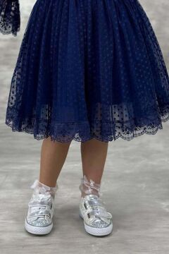 Kız Çocuk Üzeri Puantiye Detaylı Kolları Şeffaf Tüllü Prenses Lacivert Elbise