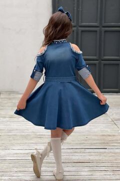 Kız Çocuk Omuzu ve Yakası Taş İşlemeli Lacivert Kot Elbise