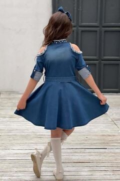 Kız Çocuk Omuzu ve Yakası Taş İşlemeli Lacivert Kot Elbise