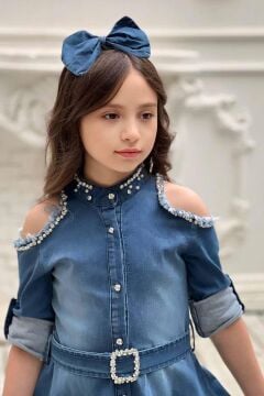 Kız Çocuk Omuzu ve Yakası Taş İşlemeli Lacivert Kot Elbise