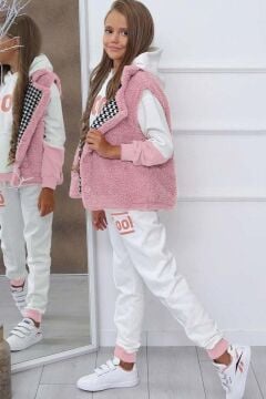 Kız Çocuk Cool Baskılı Kapüşonlu Sweatshirt ve Peluş Yelekli Pembe Eşofman Takım
