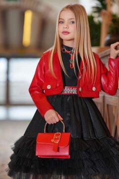 Kız Çocuk Sıfır Kol Beli Taş Şerit Detaylı Eteği Kat Kat Tüllü Parlak Deri Ceketli Siyah Elbise