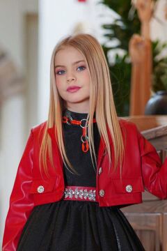 Kız Çocuk Sıfır Kol Beli Taş Şerit Detaylı Eteği Kat Kat Tüllü Parlak Deri Ceketli Siyah Elbise