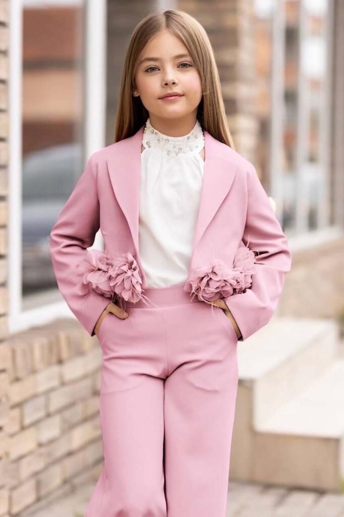 Kız Çocuk Çiçek Broş Detaylı Blazer Ceket Halter Yaka Taş Detaylı Bluz Pembe Alt Üst Takım