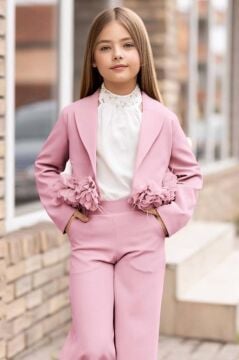 Kız Çocuk Çiçek Broş Detaylı Blazer Ceket Halter Yaka Taş Detaylı Bluz Pembe Alt Üst Takım