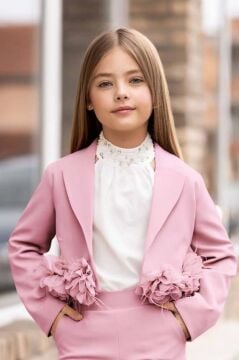 Kız Çocuk Çiçek Broş Detaylı Blazer Ceket Halter Yaka Taş Detaylı Bluz Pembe Alt Üst Takım