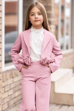 Kız Çocuk Çiçek Broş Detaylı Blazer Ceket Halter Yaka Taş Detaylı Bluz Pembe Alt Üst Takım