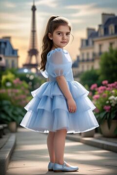 Kız Çocuk Kare Yaka Üzeri Kat Kat Pliseli Balon Kollu Kabarık Mavi Abiye