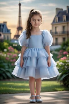 Kız Çocuk Kare Yaka Üzeri Kat Kat Pliseli Balon Kollu Kabarık Mavi Abiye