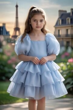 Kız Çocuk Kare Yaka Üzeri Kat Kat Pliseli Balon Kollu Kabarık Mavi Abiye