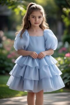 Kız Çocuk Kare Yaka Üzeri Kat Kat Pliseli Balon Kollu Kabarık Mavi Abiye