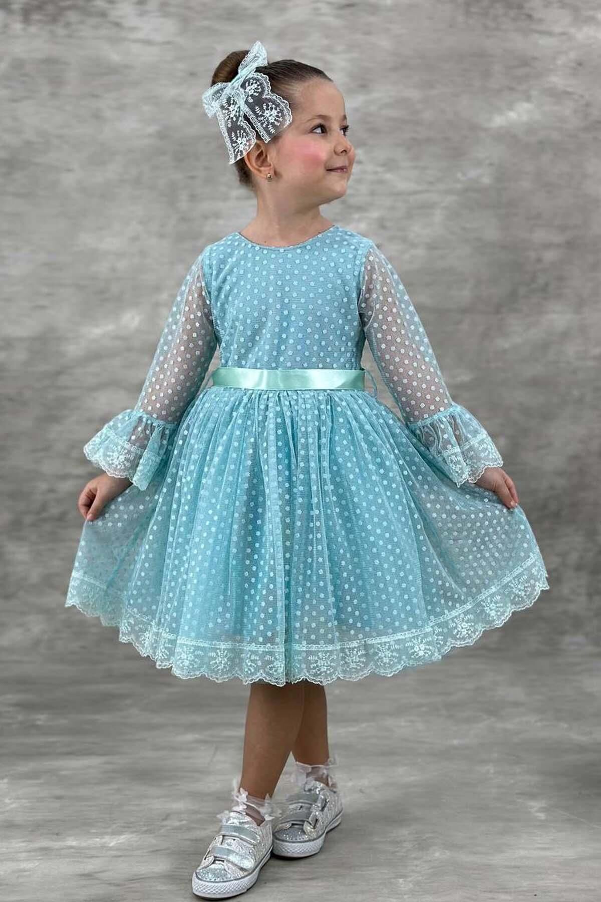 Kız Çocuk Üzeri Puantiye Detaylı Kolları Şeffaf Tüllü Prenses Turkuaz Elbise