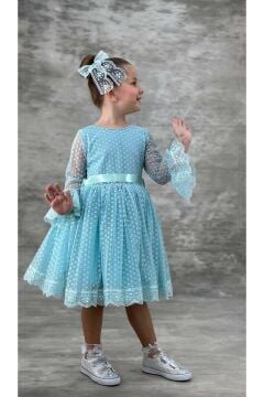 Kız Çocuk Üzeri Puantiye Detaylı Kolları Şeffaf Tüllü Prenses Turkuaz Elbise