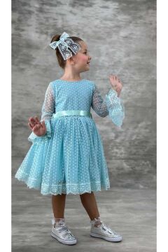 Kız Çocuk Üzeri Puantiye Detaylı Kolları Şeffaf Tüllü Prenses Turkuaz Elbise