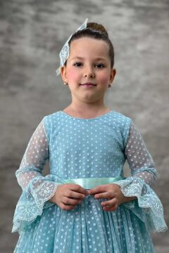 Kız Çocuk Üzeri Puantiye Detaylı Kolları Şeffaf Tüllü Prenses Turkuaz Elbise