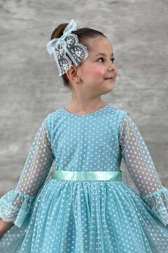 Kız Çocuk Üzeri Puantiye Detaylı Kolları Şeffaf Tüllü Prenses Turkuaz Elbise