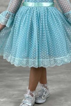 Kız Çocuk Üzeri Puantiye Detaylı Kolları Şeffaf Tüllü Prenses Turkuaz Elbise