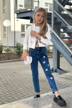 Kız Çocuk Gümüş Düğme Detaylı Beyaz Blazer Ceket Kalp Detaylı Jean Pantolon Alt Üst Takım