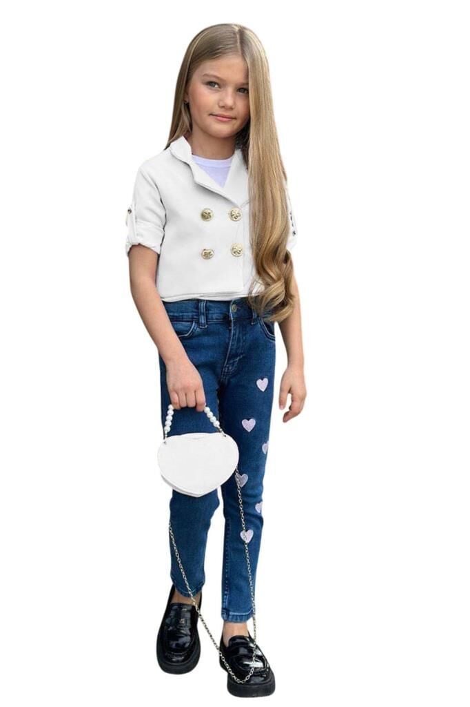 Kız Çocuk Gümüş Düğme Detaylı Beyaz Blazer Ceket Kalp Detaylı Jean Pantolon Alt Üst Takım