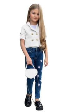 Kız Çocuk Gümüş Düğme Detaylı Beyaz Blazer Ceket Kalp Detaylı Jean Pantolon Alt Üst Takım