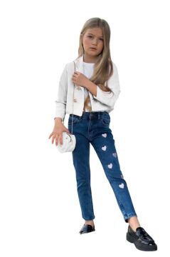 Kız Çocuk Gümüş Düğme Detaylı Beyaz Blazer Ceket Kalp Detaylı Jean Pantolon Alt Üst Takım