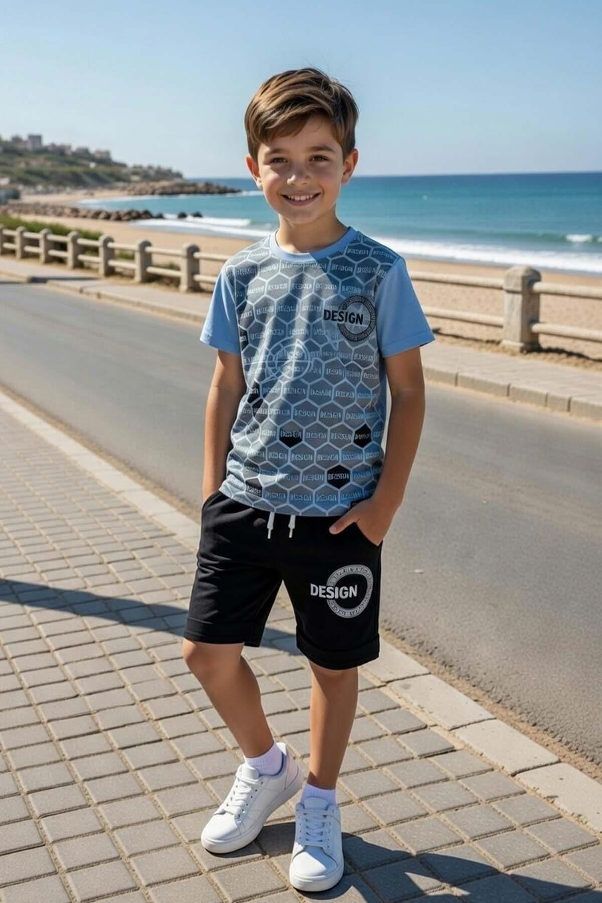 Erkek Çocuk Design Yazı ve Bal Peteği Detayları Mavi Şortlu Takım