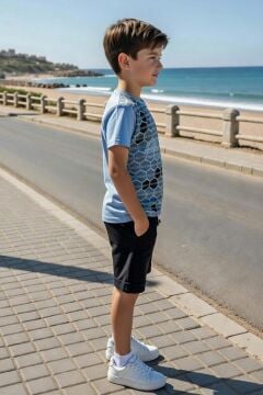 Erkek Çocuk Design Yazı ve Bal Peteği Detayları Mavi Şortlu Takım