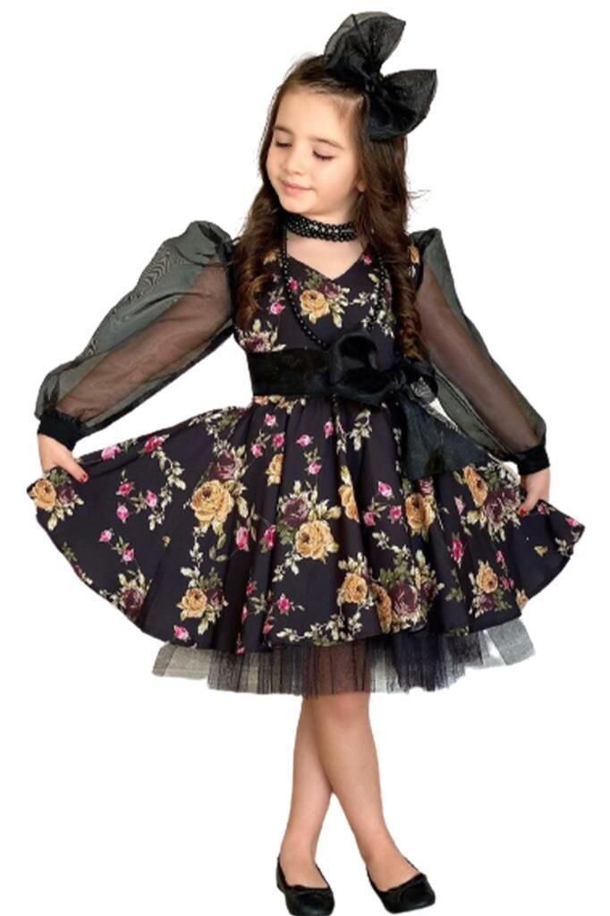 Kız Çocuk Black Flowers Tütülü Elbise