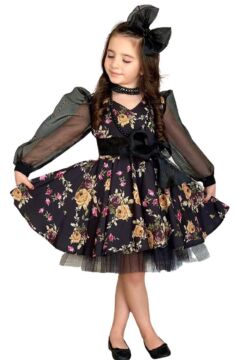 Kız Çocuk Black Flowers Tütülü Elbise