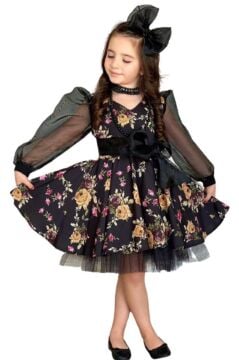 Kız Çocuk Black Flowers Tütülü Elbise