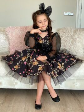 Kız Çocuk Black Flowers Tütülü Elbise