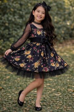 Kız Çocuk Black Flowers Tütülü Elbise