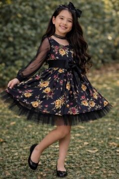 Kız Çocuk Black Flowers Tütülü Elbise