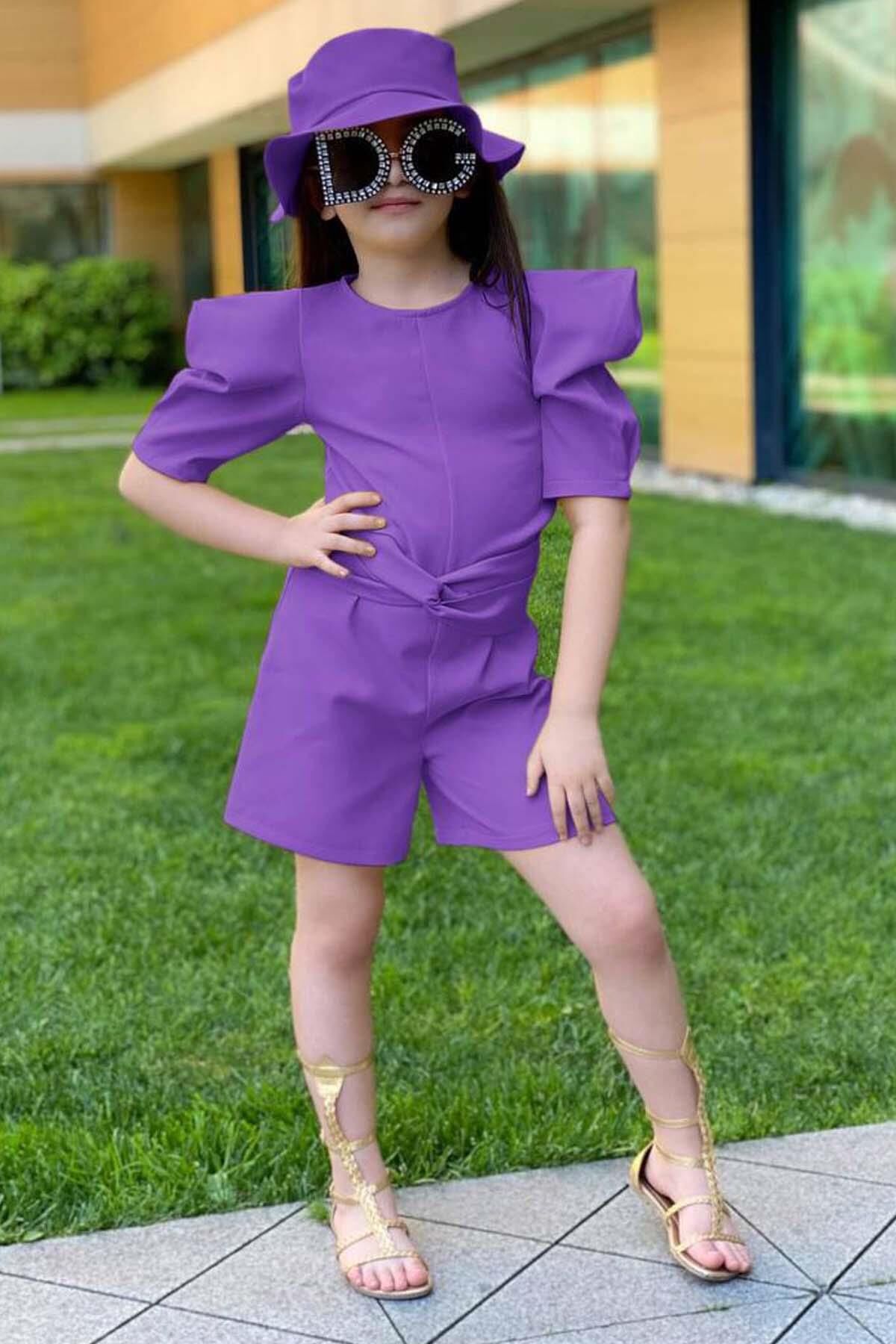 Kız Çocuk Bisiklet Yaka Yarım Kol Bel Bağlama Detaylı Mor Şortlu Tulum