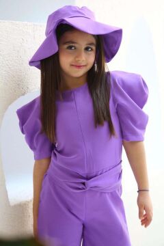 Kız Çocuk Bisiklet Yaka Yarım Kol Bel Bağlama Detaylı Mor Şortlu Tulum